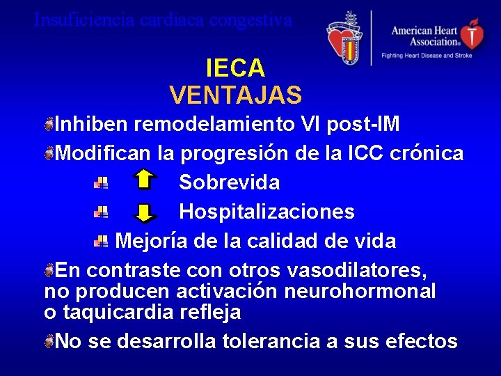 Insuficiencia cardiaca congestiva IECA VENTAJAS Inhiben remodelamiento VI post-IM Modifican la progresión de la
