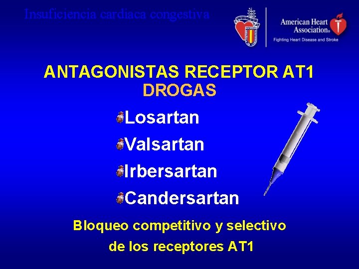 Insuficiencia cardiaca congestiva ANTAGONISTAS RECEPTOR AT 1 DROGAS Losartan Valsartan Irbersartan Candersartan Bloqueo competitivo