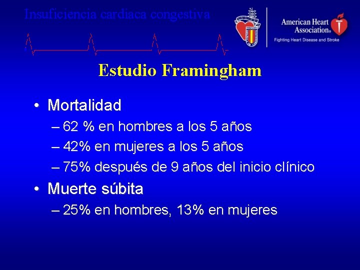 Insuficiencia cardiaca congestiva Estudio Framingham • Mortalidad – 62 % en hombres a los