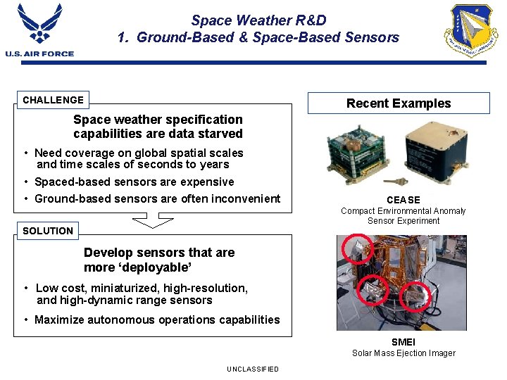 Space Weather R&D 1. Ground-Based & Space-Based Sensors CHALLENGE Recent Examples Space weather specification