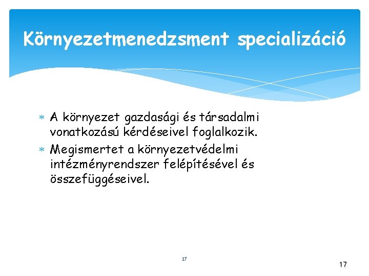 Környezetmenedzsment specializáció A környezet gazdasági és társadalmi vonatkozású kérdéseivel foglalkozik. Megismertet a környezetvédelmi intézményrendszer