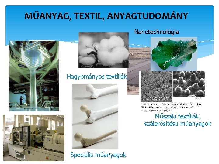 MŰANYAG, TEXTIL, ANYAGTUDOMÁNY Nanotechnológia Hagyományos textíliák Műszaki textíliák, szálerősítésű műanyagok 8 Speciális műanyagok 