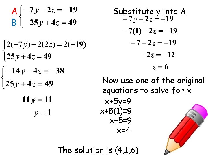 A B Substitute y into A Now use one of the original equations to