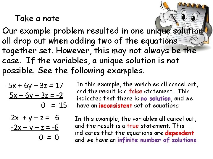 Take a note Our example problem resulted in one unique solution all drop out