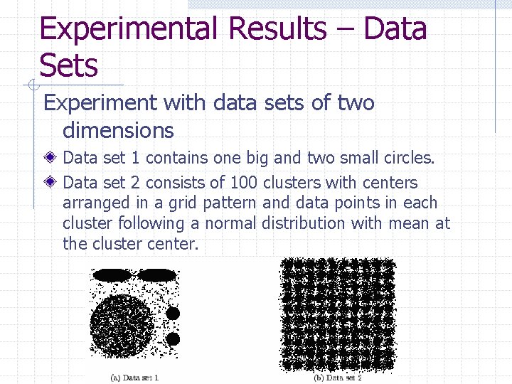 Experimental Results – Data Sets Experiment with data sets of two dimensions Data set