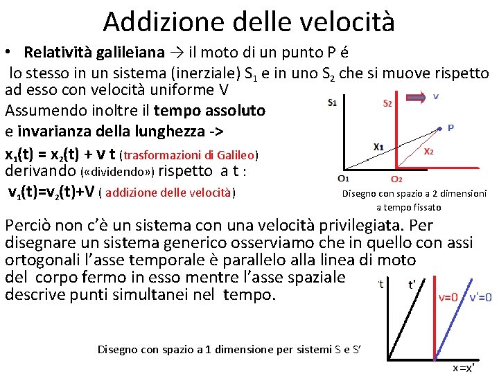 Addizione delle velocità • Relatività galileiana → il moto di un punto P é