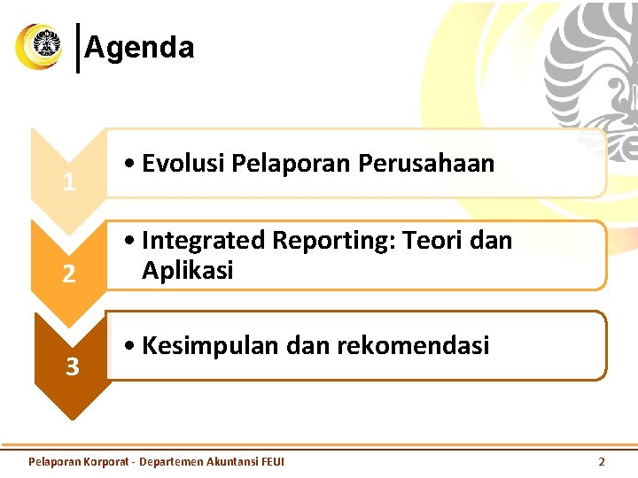 Agenda 1 2 3 • Evolusi Pelaporan Perusahaan • Integrated Reporting: Teori dan Aplikasi