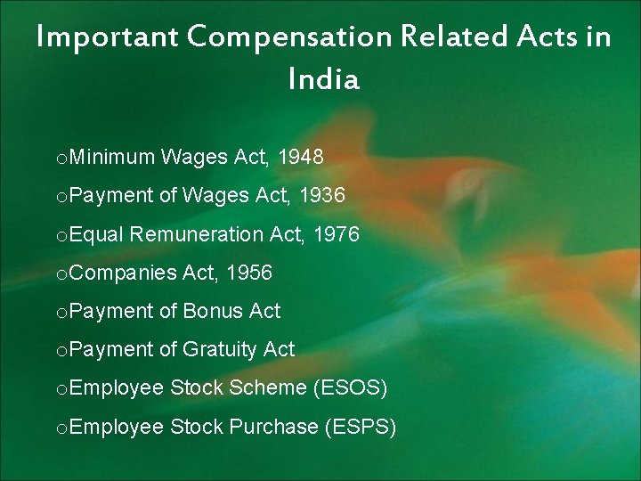 Important Compensation Related Acts in India o. Minimum Wages Act, 1948 o. Payment of