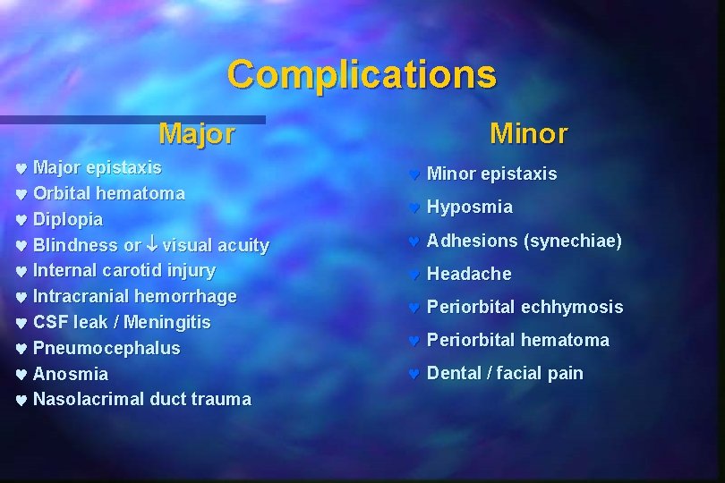 Complications Major epistaxis Orbital hematoma Diplopia Blindness or visual acuity Internal carotid injury Intracranial Complications Major epistaxis Orbital hematoma Diplopia Blindness or visual acuity Internal carotid injury Intracranial