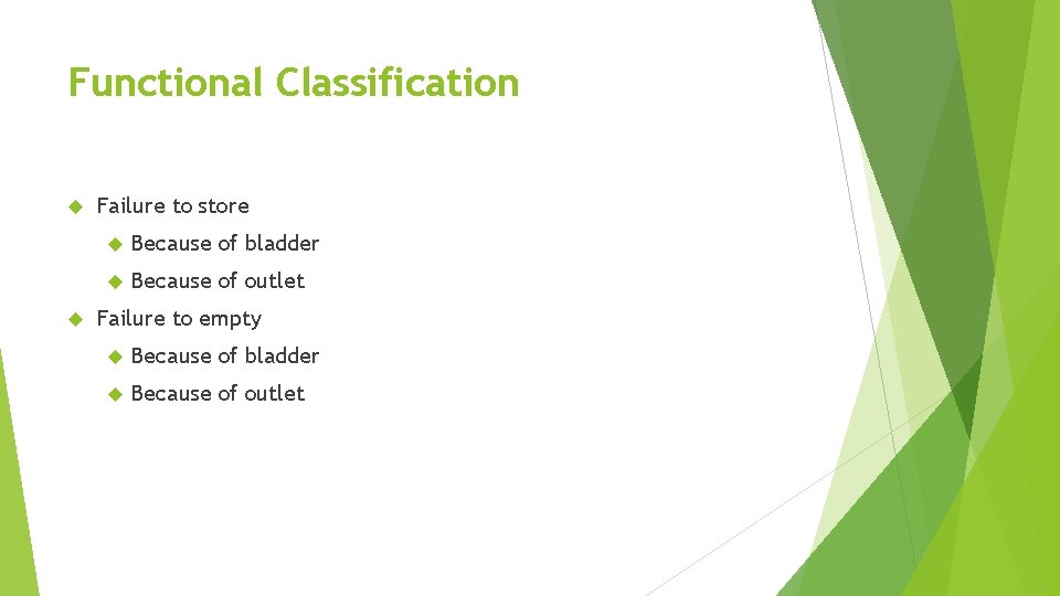 Functional Classification Failure to store Because of bladder Because of outlet Failure to empty