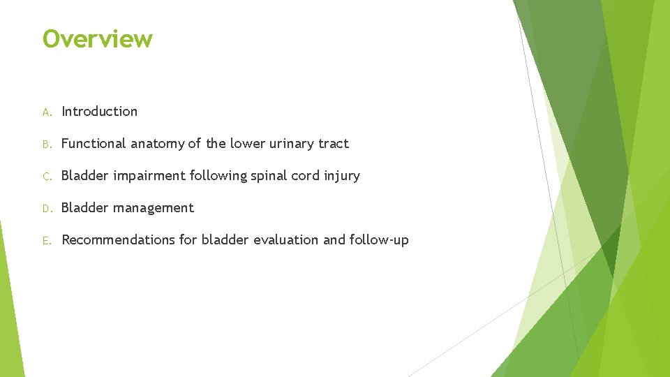Overview A. Introduction B. Functional anatomy of the lower urinary tract C. Bladder impairment