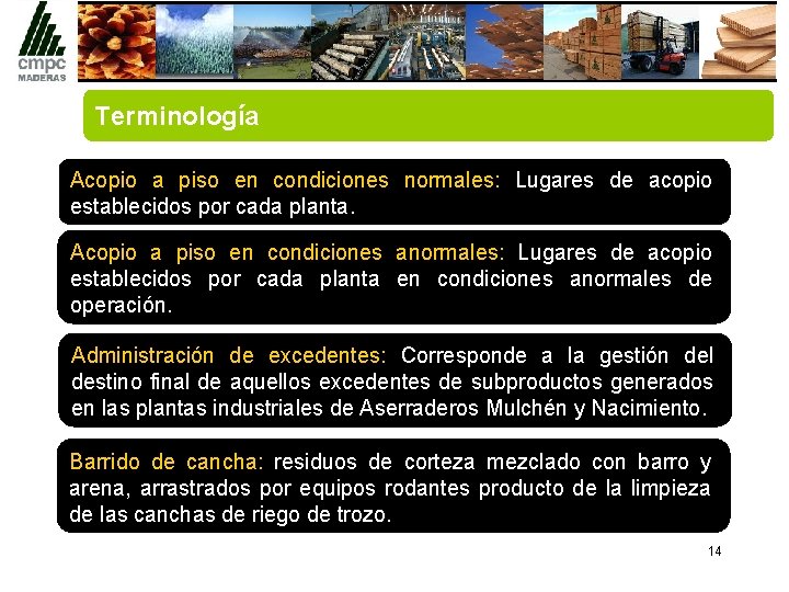 Terminología Acopio a piso en condiciones normales: Lugares de acopio establecidos por cada planta.