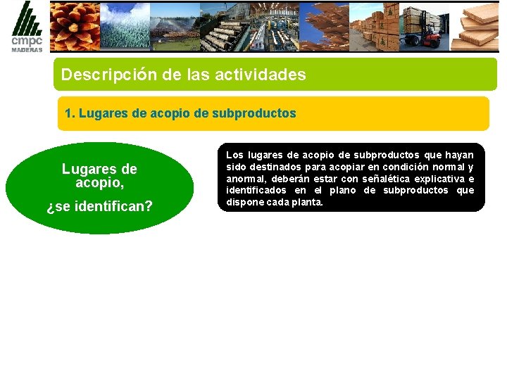 Descripción de las actividades 1. Lugares de acopio de subproductos Lugares de acopio, ¿se
