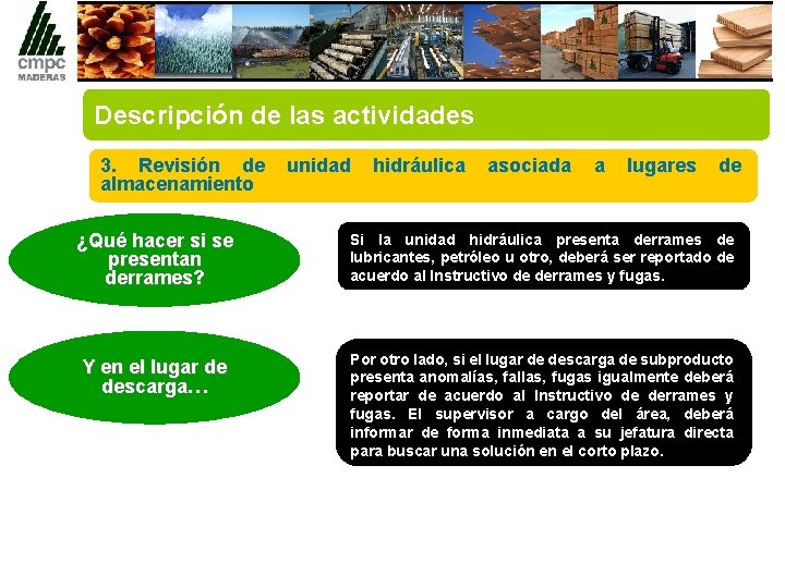 Descripción de las actividades 3. Revisión de almacenamiento unidad hidráulica asociada a lugares de