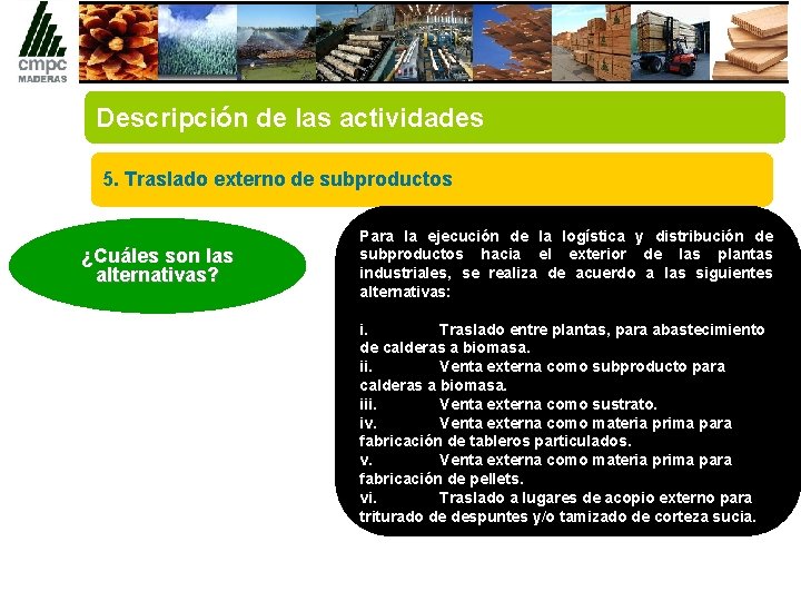 Descripción de las actividades 5. Traslado externo de subproductos ¿Cuáles son las alternativas? Para