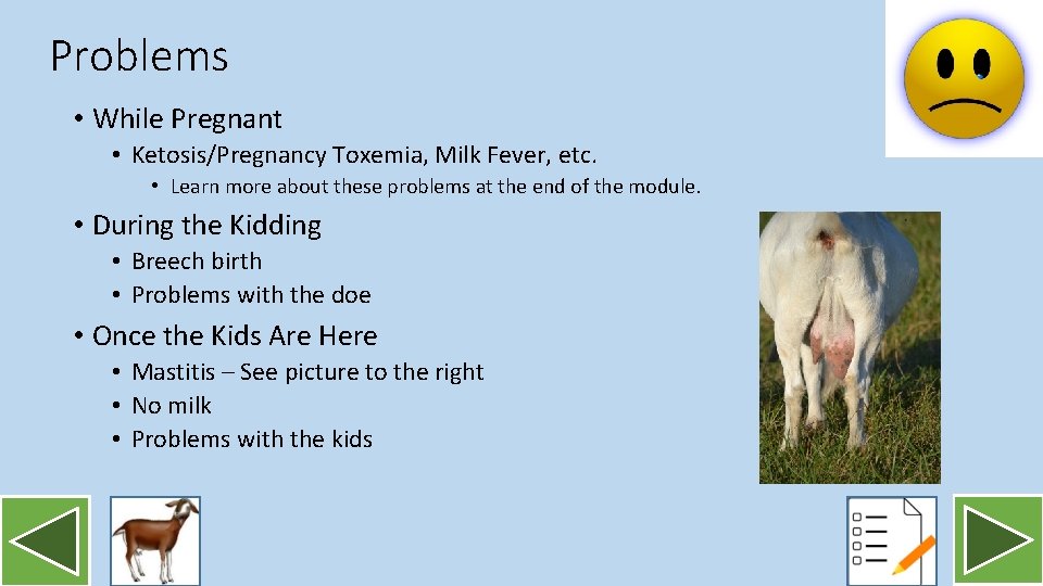 Problems • While Pregnant • Ketosis/Pregnancy Toxemia, Milk Fever, etc. • Learn more about