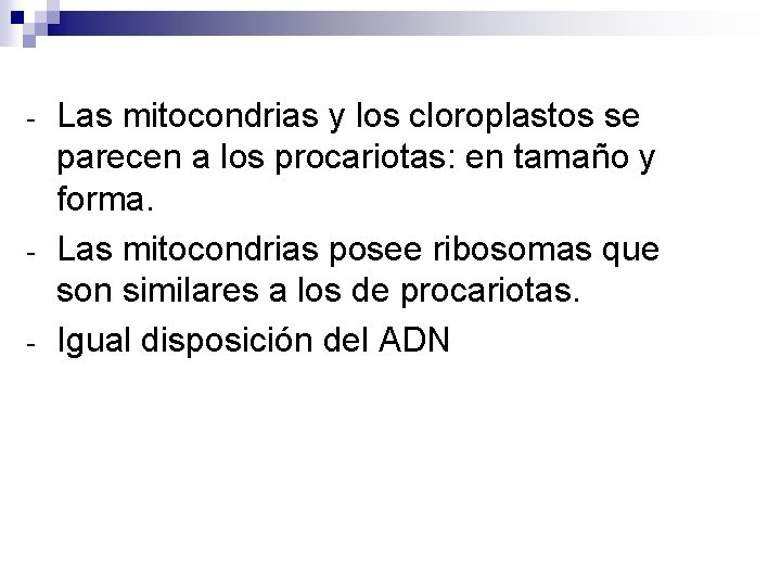 - - Las mitocondrias y los cloroplastos se parecen a los procariotas: en tamaño