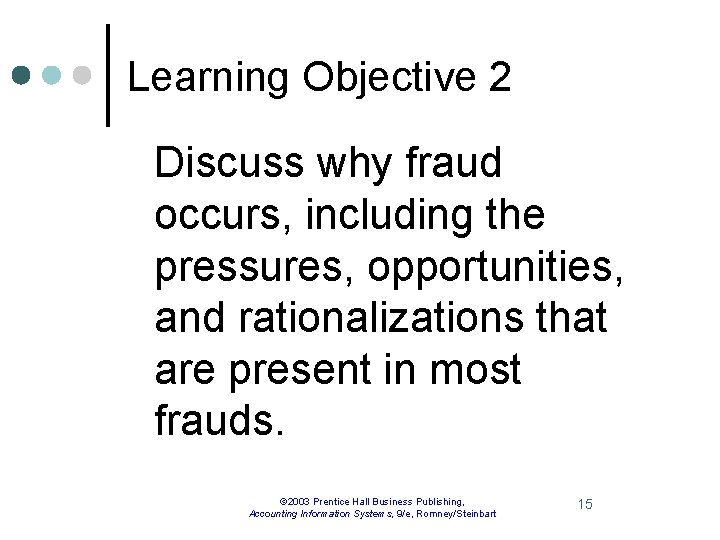 Learning Objective 2 Discuss why fraud occurs, including the pressures, opportunities, and rationalizations that