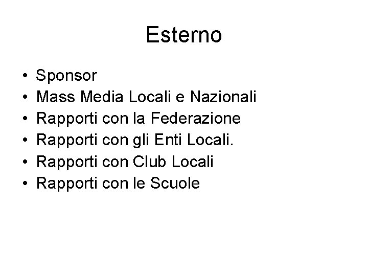 Esterno • • • Sponsor Mass Media Locali e Nazionali Rapporti con la Federazione