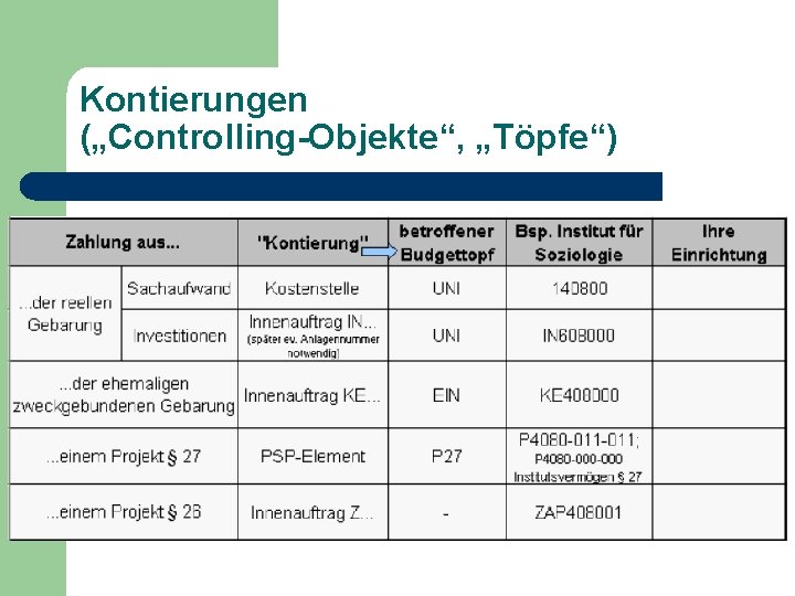 Kontierungen („Controlling-Objekte“, „Töpfe“) Kontierungen („Controlling-Objekte“, „Töpfe“)