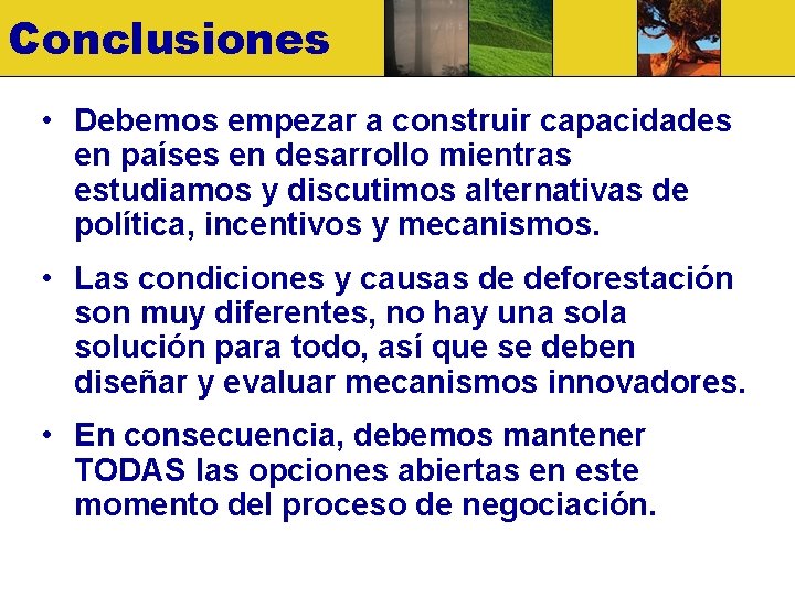 Conclusiones • Debemos empezar a construir capacidades en países en desarrollo mientras estudiamos y