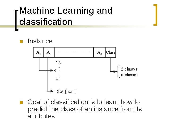 Machine Learning and classification n Instance A 1 An Class A 2 A B.