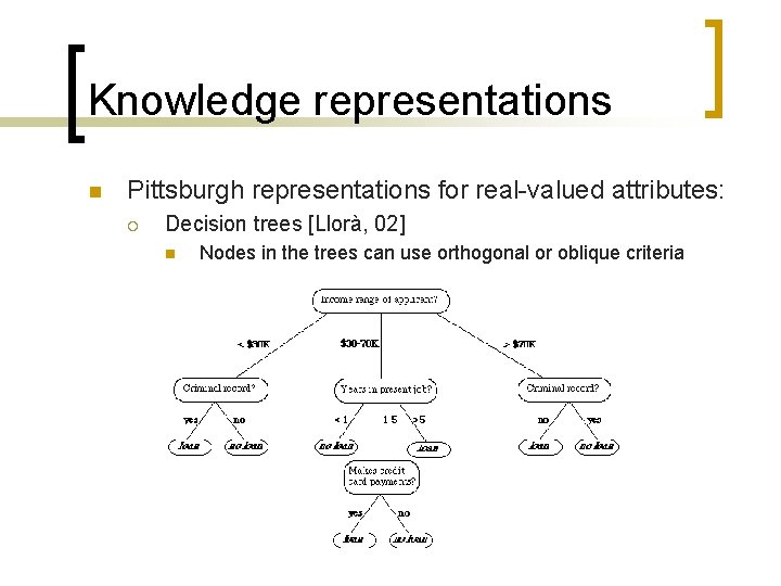 Knowledge representations n Pittsburgh representations for real-valued attributes: ¡ Decision trees [Llorà, 02] n