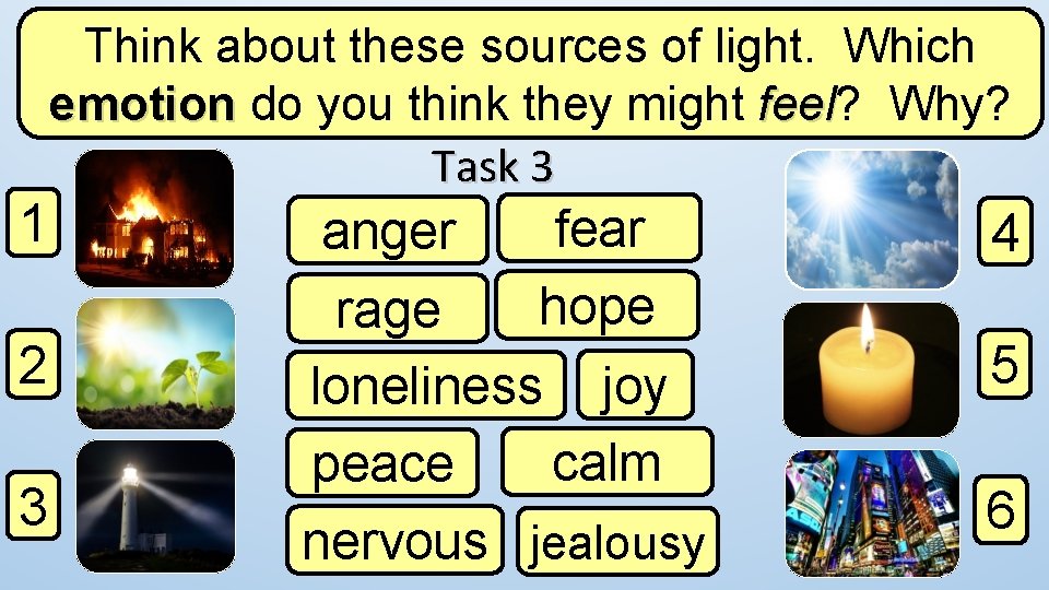 1 2 3 Think about these sources of light. Which emotion do you think