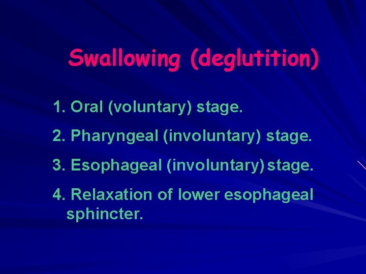 Swallowing (deglutition) 1. Oral (voluntary) stage. 2. Pharyngeal (involuntary) stage. 3. Esophageal (involuntary) stage.