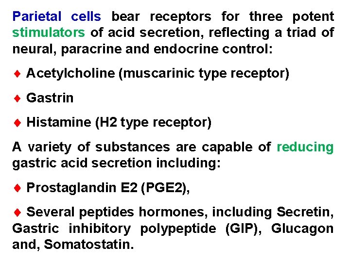 Parietal cells bear receptors for three potent stimulators of acid secretion, reflecting a triad