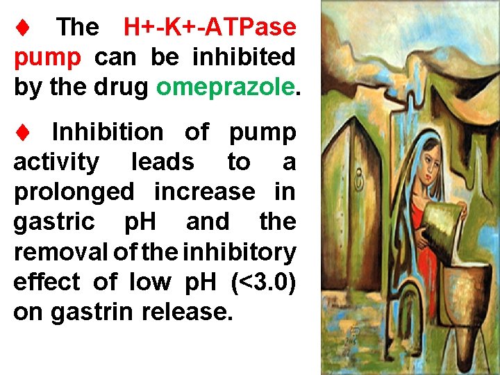  The H+-K+-ATPase pump can be inhibited by the drug omeprazole. Inhibition of pump