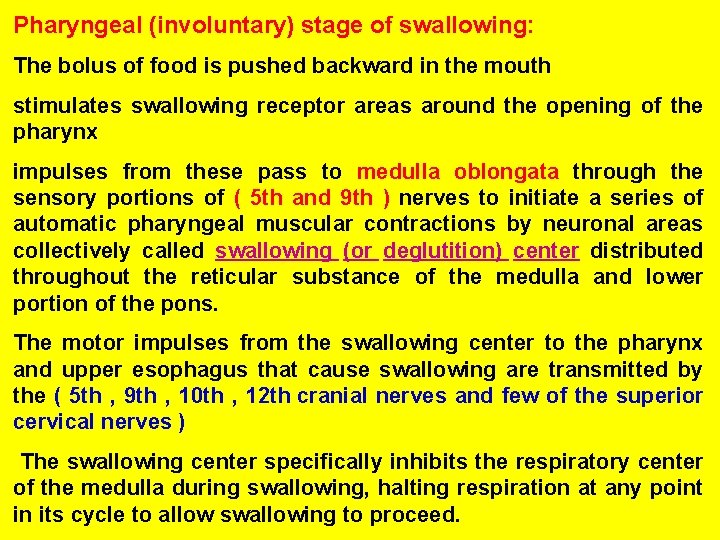 Pharyngeal (involuntary) stage of swallowing: The bolus of food is pushed backward in the