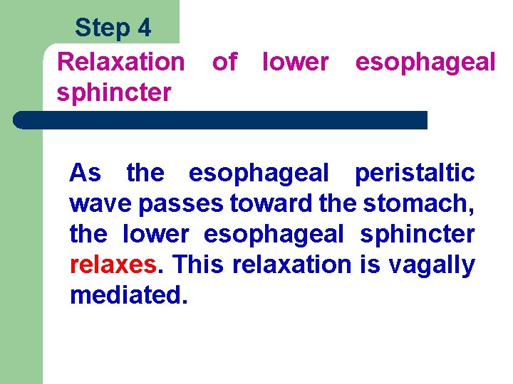 Step 4 Relaxation sphincter of lower esophageal As the esophageal peristaltic wave passes toward