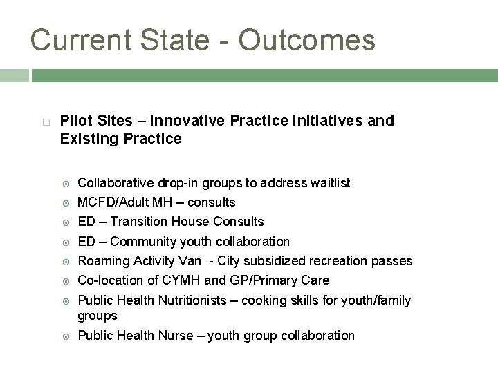 Current State - Outcomes Pilot Sites – Innovative Practice Initiatives and Existing Practice Collaborative