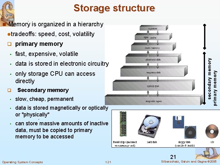 Storage structure n Memory is organized in a hierarchy ltradeoffs: cpu primary memory •