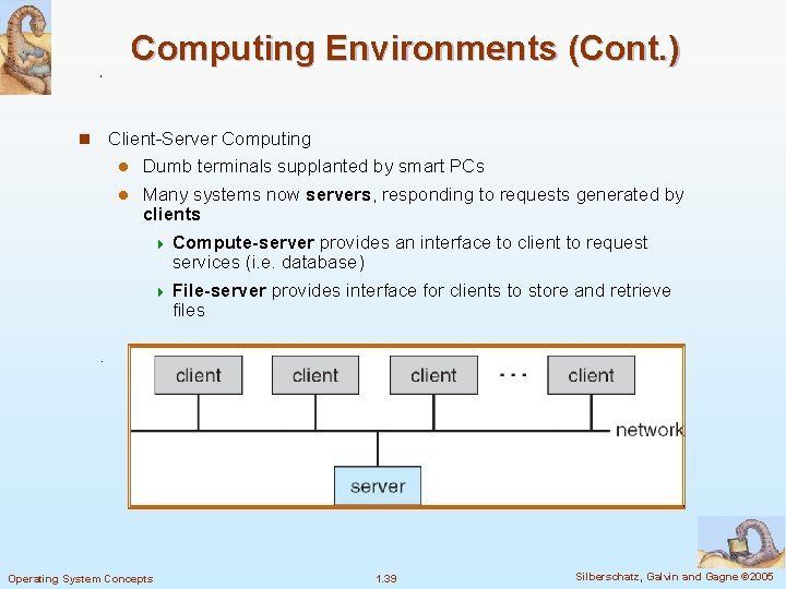 Computing Environments (Cont. ) n Client-Server Computing Dumb terminals supplanted by smart PCs l
