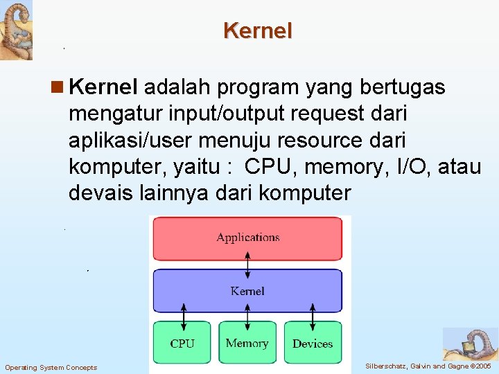Kernel n Kernel adalah program yang bertugas mengatur input/output request dari aplikasi/user menuju resource