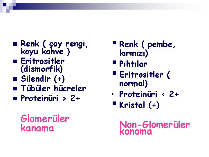 n n n Renk ( çay rengi, koyu kahve ) Eritrositler (dismorfik) Silendir (+)