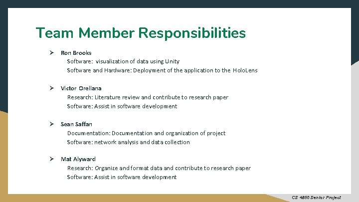 Team Member Responsibilities Ø Ron Brooks Software: visualization of data using Unity Software and