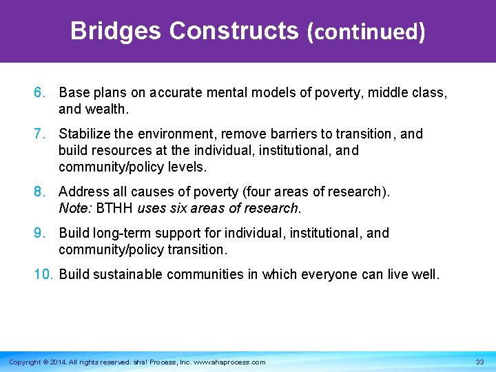 Bridges Constructs (continued) 6. Base plans on accurate mental models of poverty, middle class,