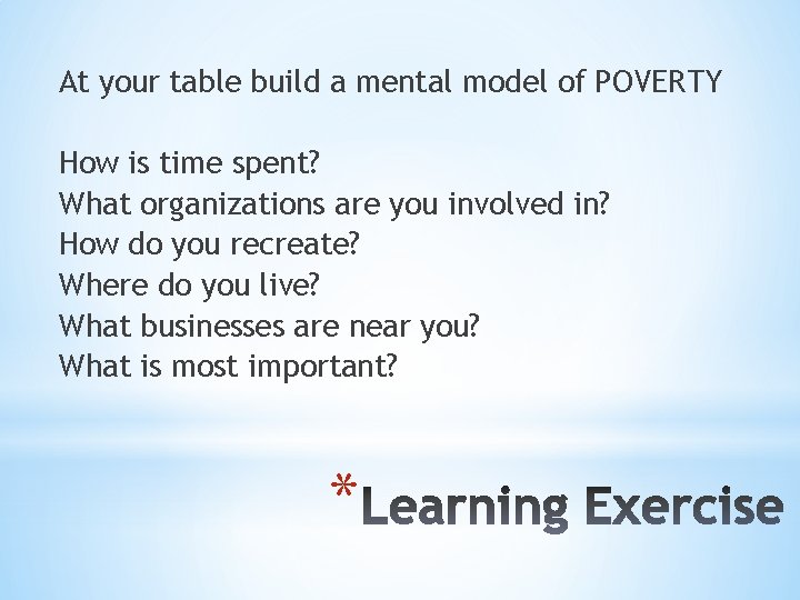 At your table build a mental model of POVERTY How is time spent? What