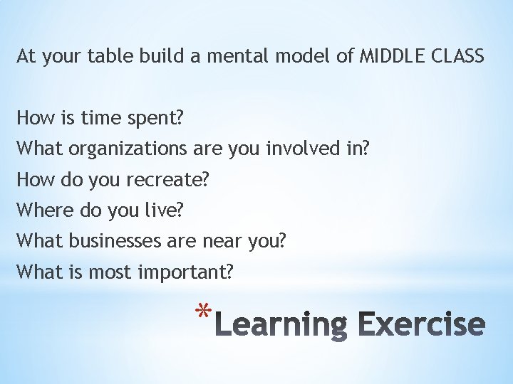 At your table build a mental model of MIDDLE CLASS How is time spent?