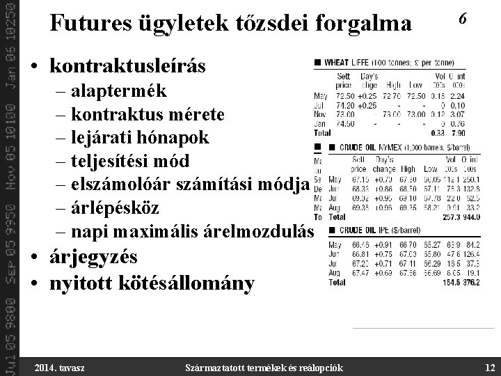 Futures ügyletek tőzsdei forgalma 6 • kontraktusleírás – alaptermék – kontraktus mérete – lejárati