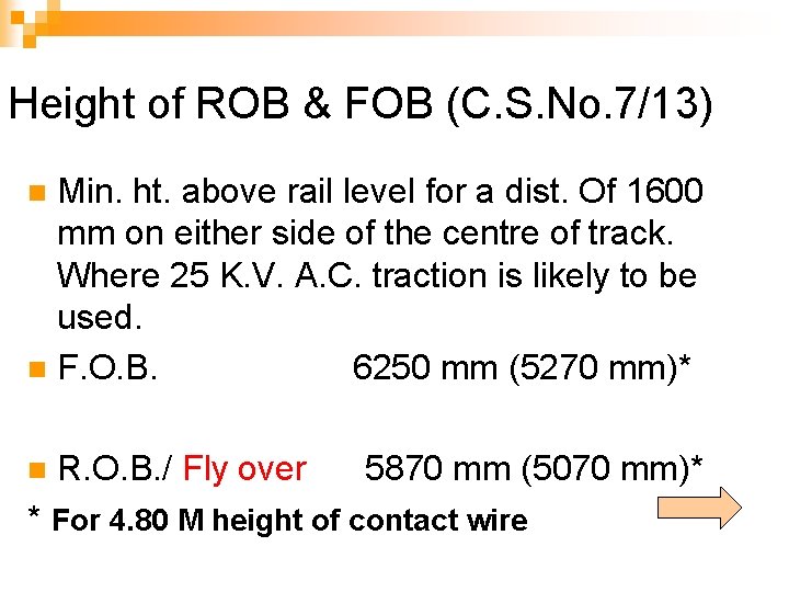 Height of ROB & FOB (C. S. No. 7/13) Min. ht. above rail level