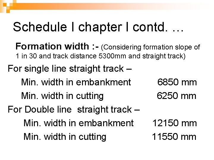 Schedule I chapter I contd. … Formation width : - (Considering formation slope of