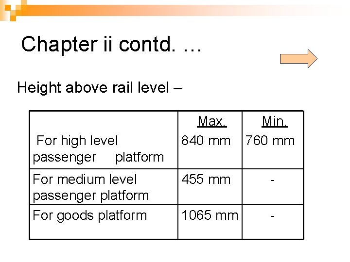 Chapter ii contd. … Height above rail level – For high level passenger platform