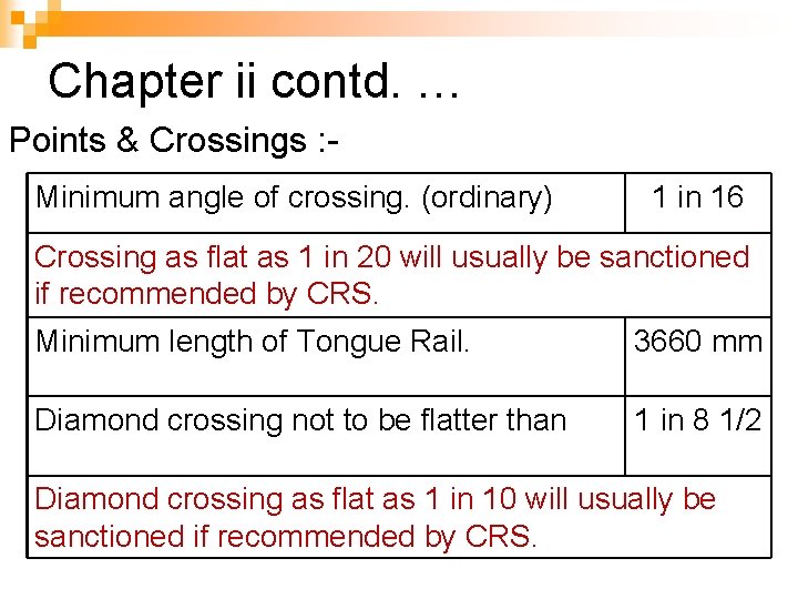 Chapter ii contd. … Points & Crossings : Minimum angle of crossing. (ordinary) 1