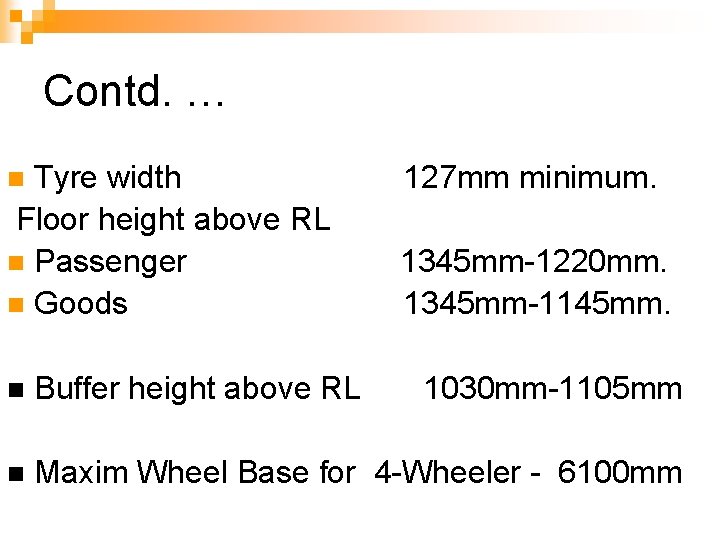 Contd. … Tyre width Floor height above RL n Passenger n Goods n 127