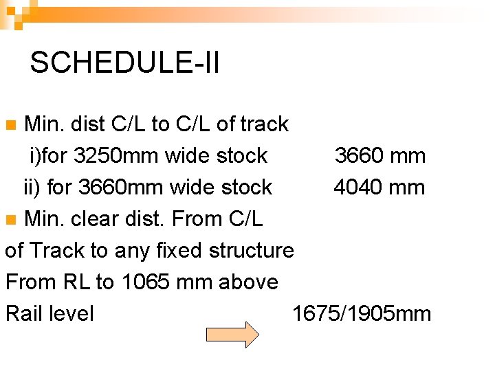 SCHEDULE-II Min. dist C/L to C/L of track i)for 3250 mm wide stock 3660