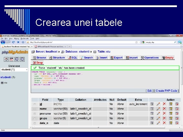 Crearea unei tabele 